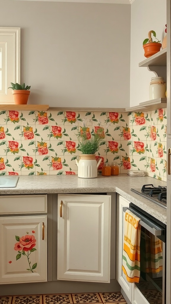 A cozy kitchen featuring a vintage floral backsplash with roses, white cabinetry, and potted plants.