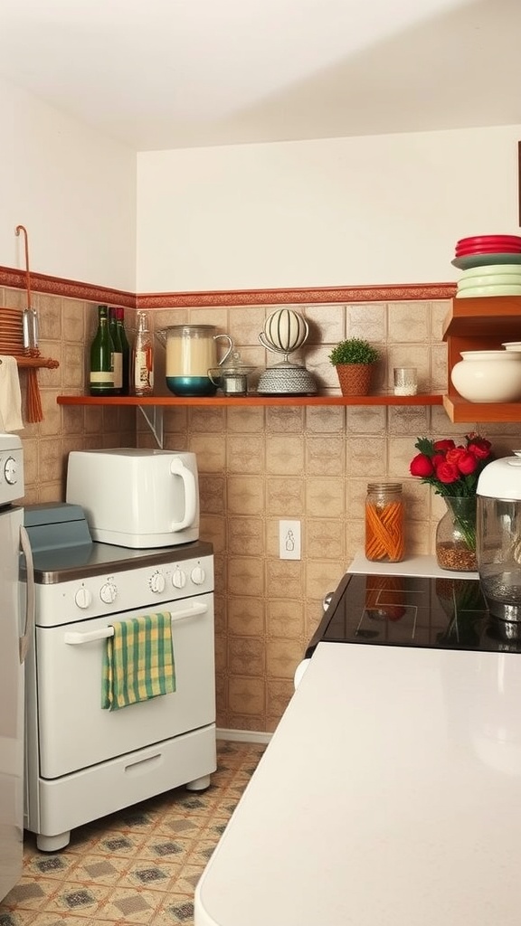 A kitchen featuring vintage tin tiles as a backsplash with modern appliances and colorful dishware.