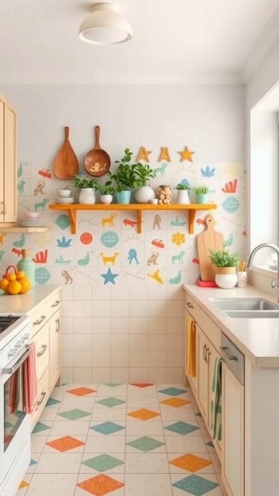 A bright kitchen with a whimsical patterned ceramic backsplash featuring colorful animal and plant designs, complemented by a playful diamond-patterned floor.