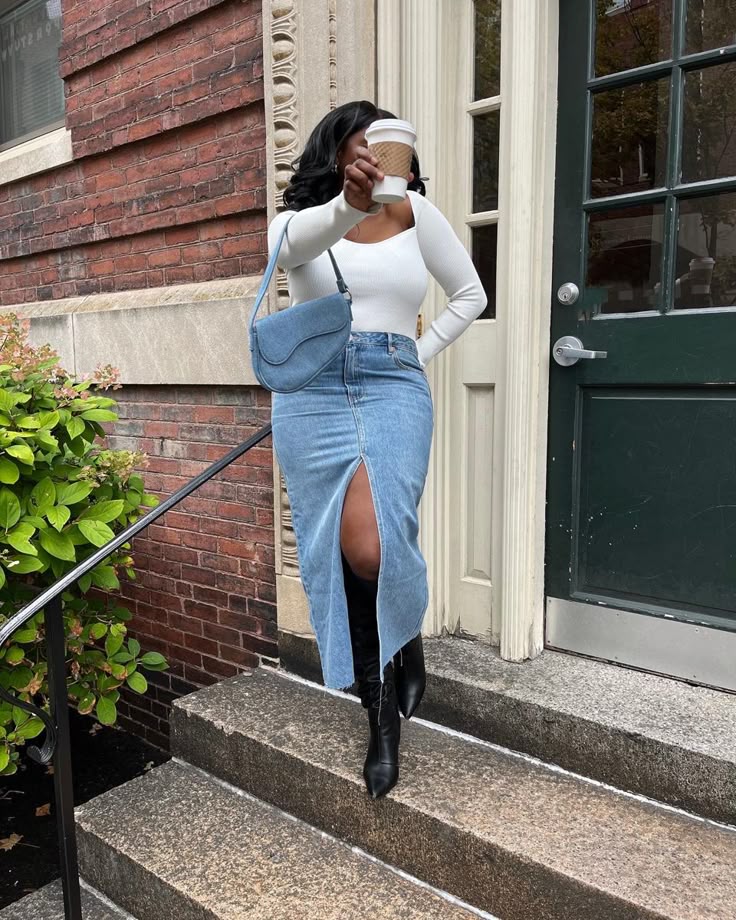 Denim maxi skirt outfit inspo Denim maxi skirt outfit inspo - denim skirt outfit winter