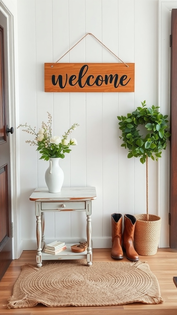 A cozy entryway showcasing a welcome sign, a small table with flowers, a green wreath, and brown boots on a jute rug.