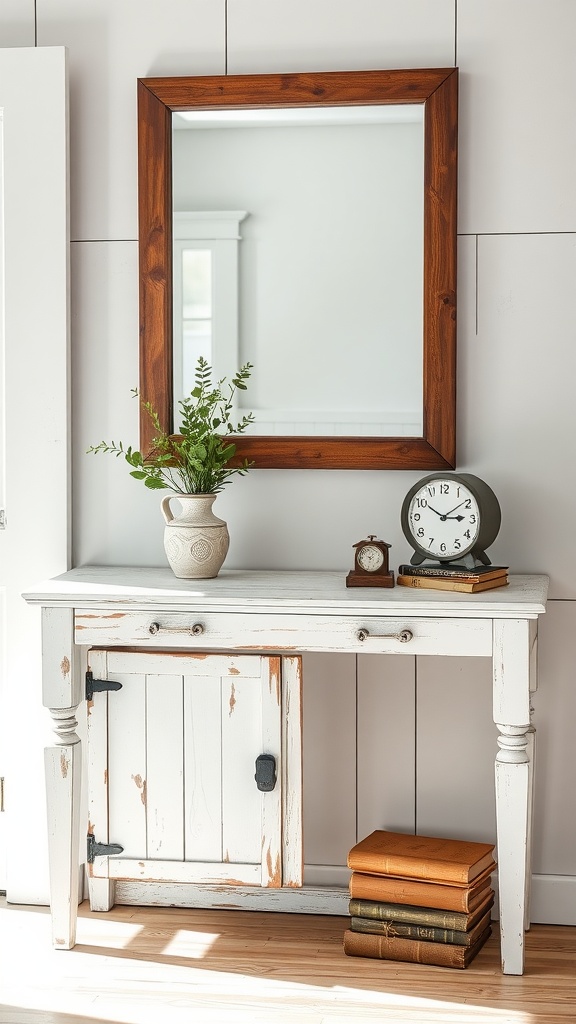 Distressed white entry table with a mirror, clock, plant, and stacked books