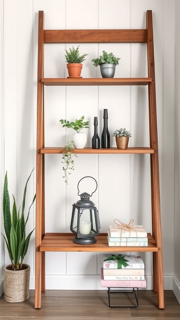 A wooden ladder shelf decorated with potted plants, books, and a lantern.