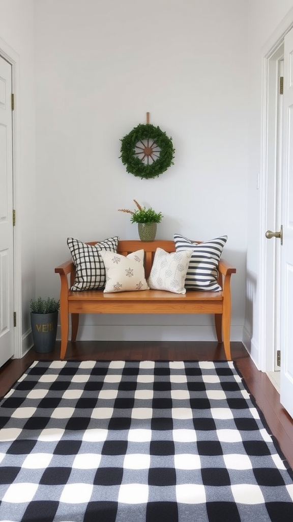 A cozy farmhouse entryway featuring a black and white checkered rug, wooden bench with pillows, and a green wreath on the wall.