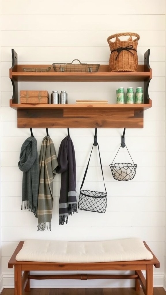 Cozy farmhouse entryway featuring a wooden shelf with wall hooks, scarves, and a basket