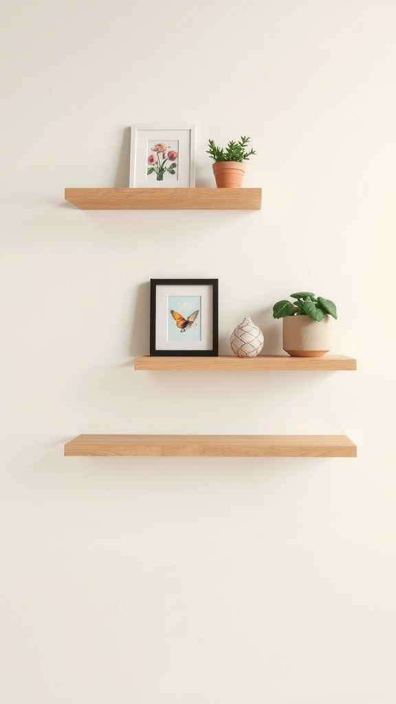 Floating wooden shelves displaying decorative items like frames and plants on a light wall.