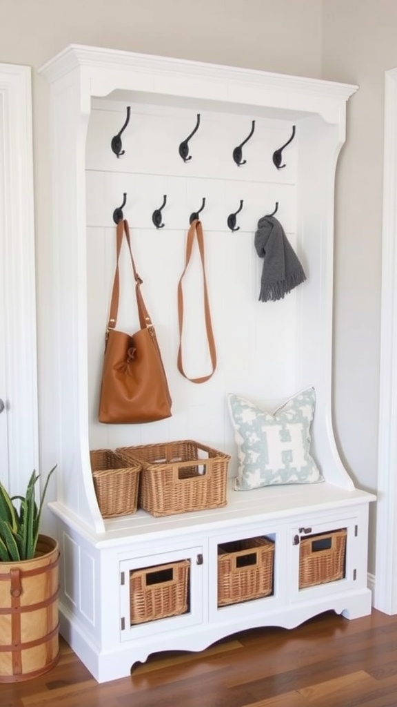 A white hall tree with black hooks and storage baskets in an entryway