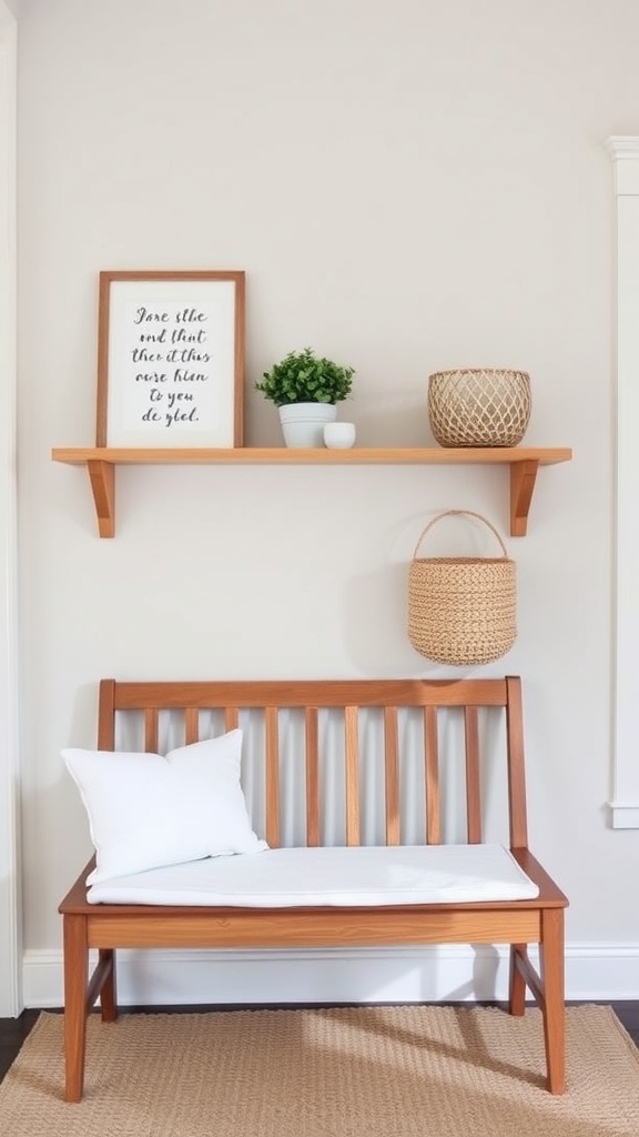 A minimalist farmhouse entryway featuring a wooden bench, a floating shelf with decorative items, and a soft white cushion.