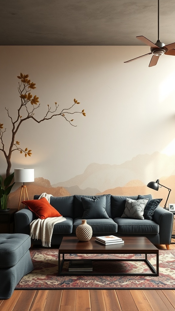 A cozy living room with a wall mural featuring a tree and mountains.
