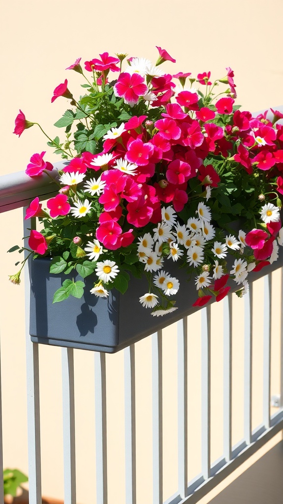Colorful balcony railing flower trough with pink petunias and white daisies.