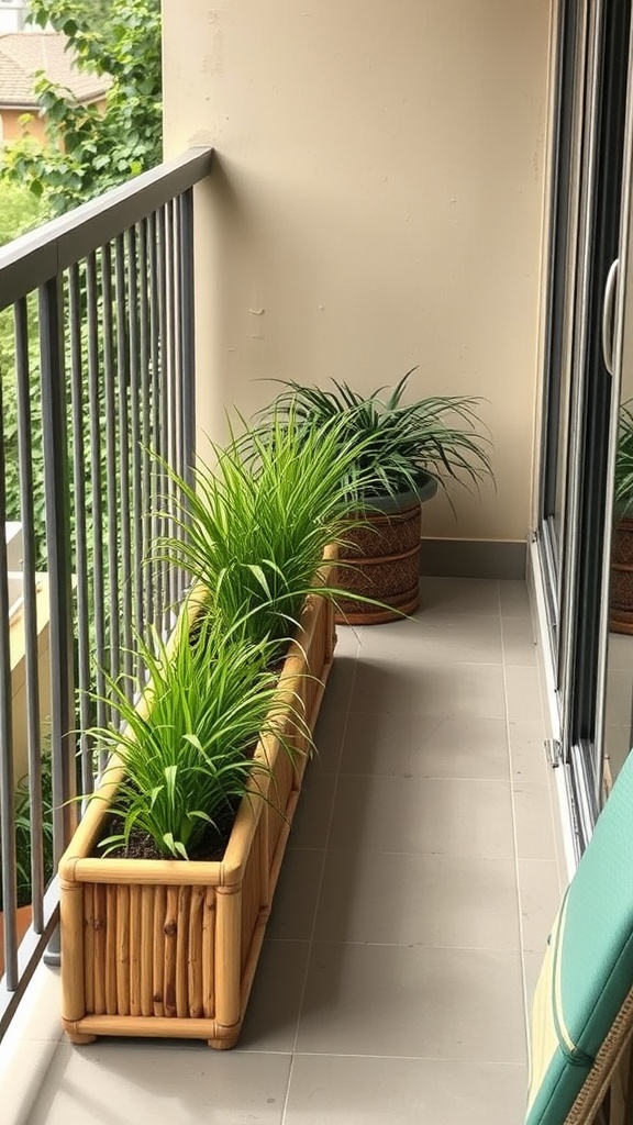 Bamboo planter boxes with green plants on a balcony