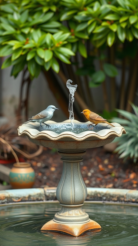 A decorative bird bath with two birds perched on the edge, surrounded by lush greenery.