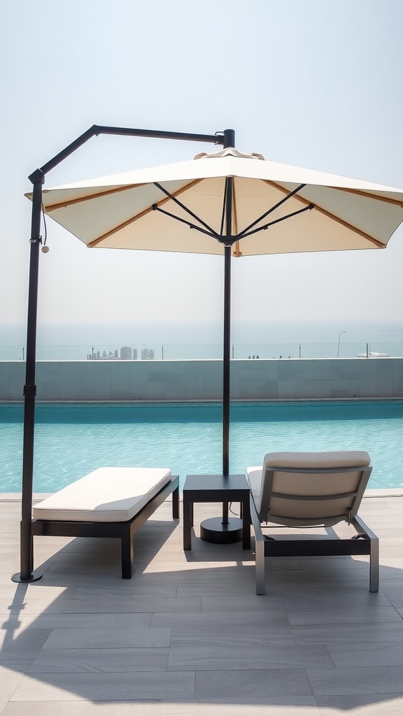 Cantilever umbrella providing shade over lounge chairs by a pool.