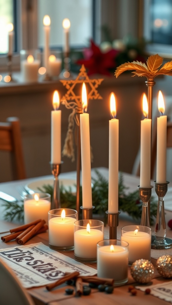 A beautiful Hanukkah table setting with candles and cinnamon sticks.