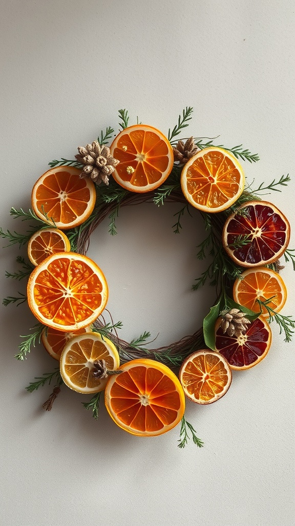 A DIY wreath made with various citrus slices and green herbs.