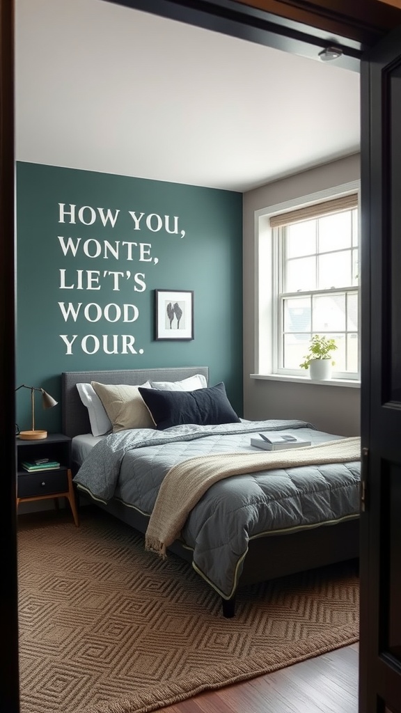 A cozy bedroom with a colorful accent wall featuring the words 'HOW YOU, WONTE, LIET'S WOOD YOUR.'