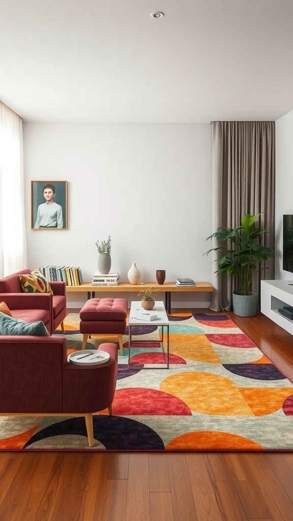 A vibrant area rug with geometric patterns in warm colors, complementing a cozy living room setting.