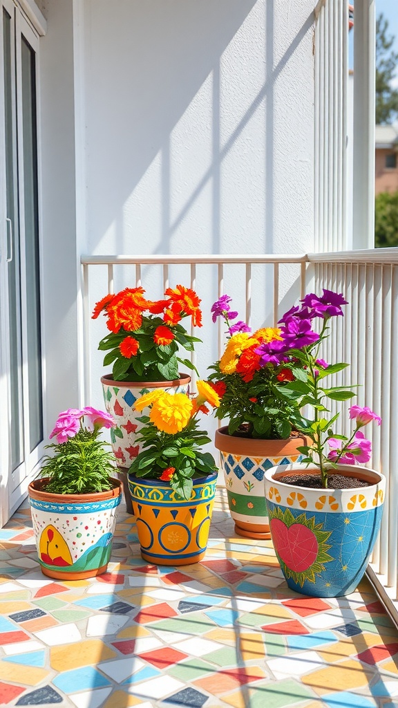 Colorful pots with flowers arranged on a balcony with a mosaic floor