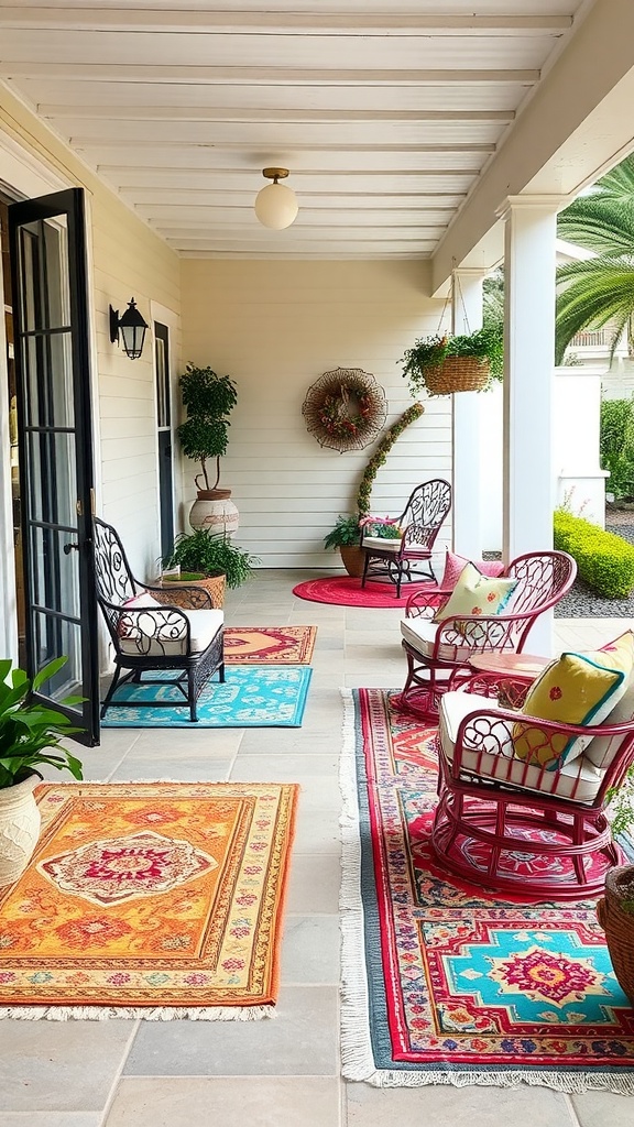 A patio featuring colorful rugs and cushions on chairs, creating a cozy and vibrant outdoor space.