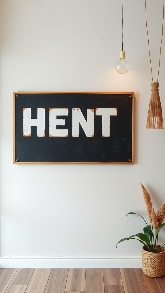 Framed wall art with bold letters on a white wall, accompanied by a plant.