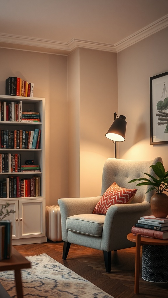 A cozy reading nook featuring a comfortable chair, a bookshelf filled with books, and a warm lamp.