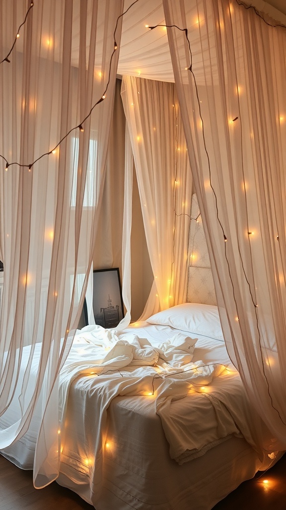 A dreamy canopy bed with sheer fabric and fairy lights