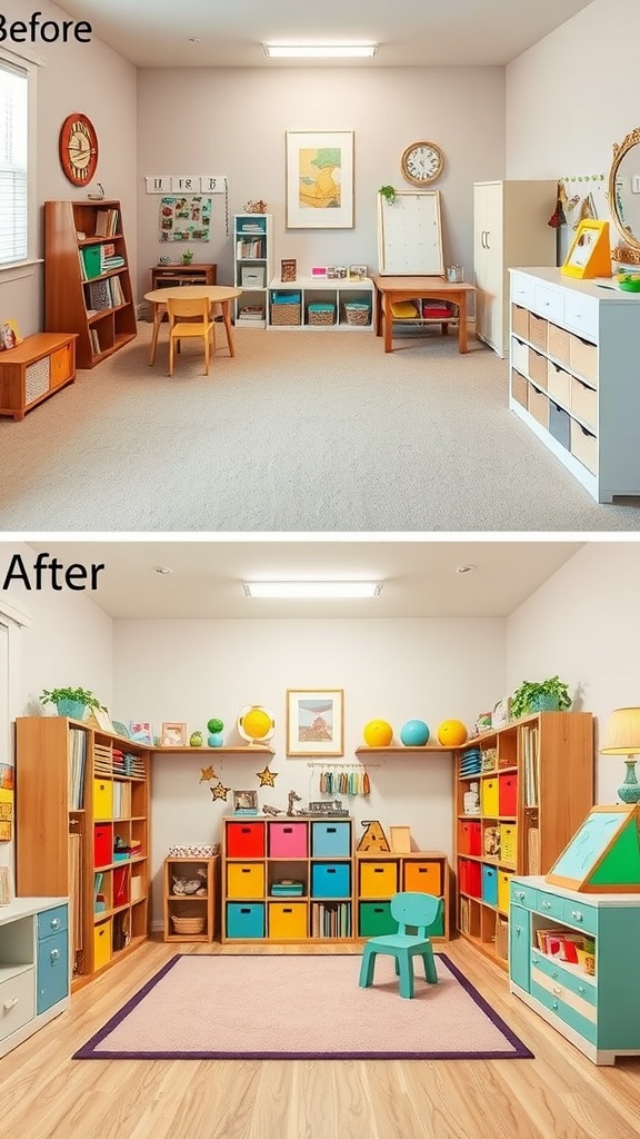 Before and after images of a transformed playroom showcasing vibrant colors and playful decor.