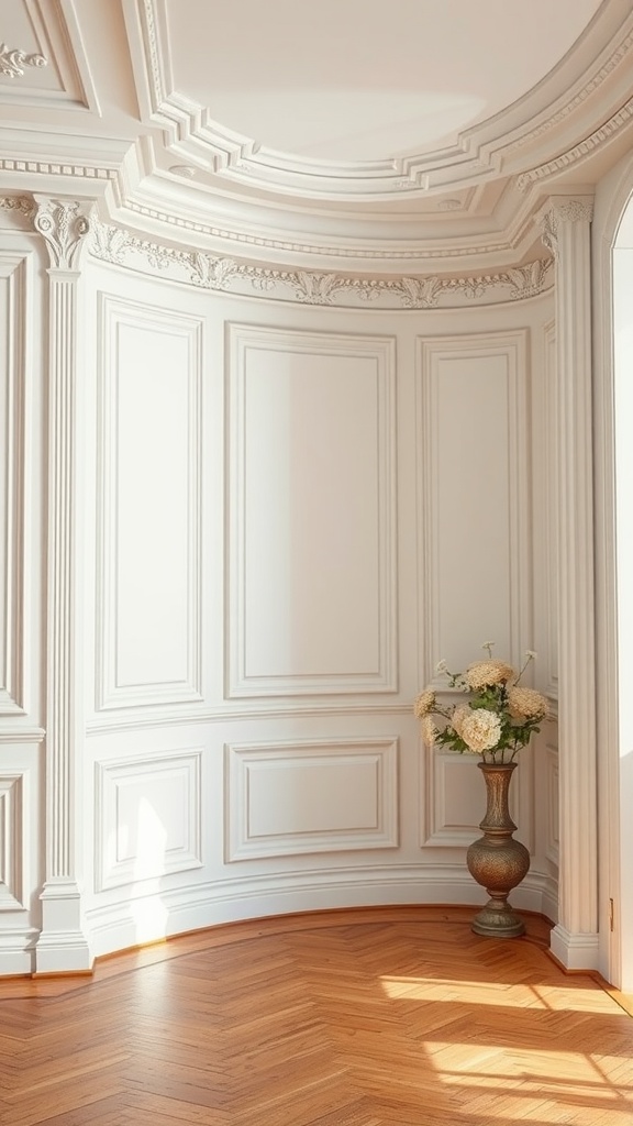 Elegant interior with detailed molding and trim, showcasing a warm wooden floor and decorative flower arrangement.