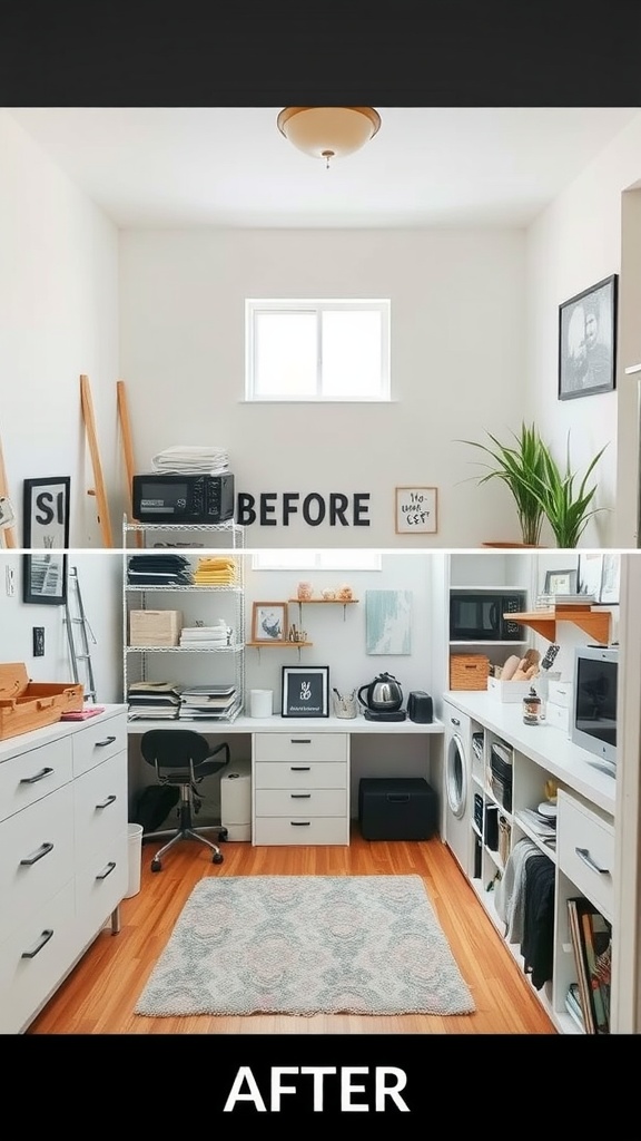 Before and after image showcasing a transformed small space from cluttered to organized.