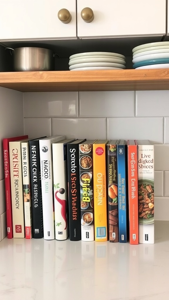 A neatly organized shelf with various recipe books and plates in a kitchen.