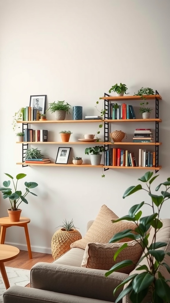 A cozy living room with DIY decorative shelves displaying books and plants.