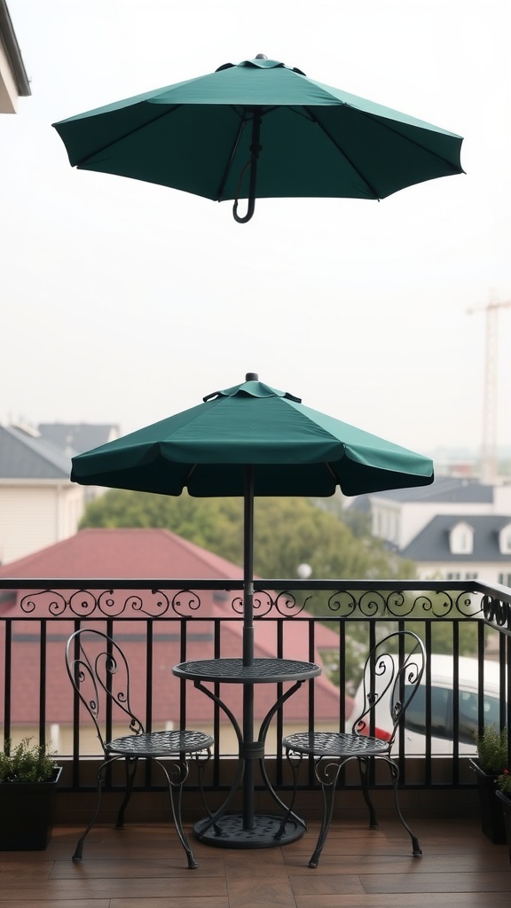 A double canopy patio umbrella on a balcony with a table and chairs.