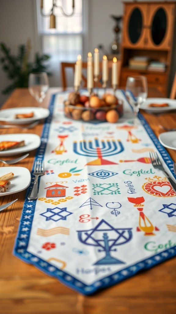 A beautifully set table with a colorful table runner featuring Hanukkah symbols.