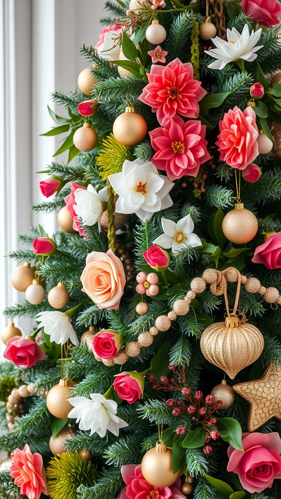 A Christmas tree decorated with vibrant flowers and ornaments.