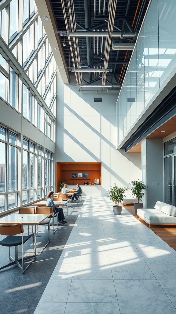 A spacious, well-lit interior with modern furniture and large windows.