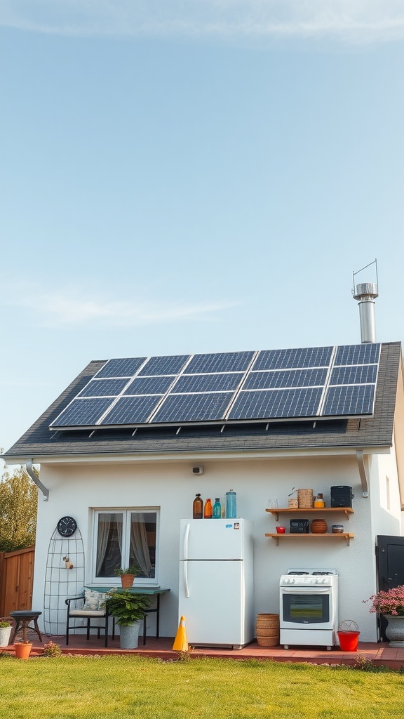 A home with solar panels on the roof and a small garden area.