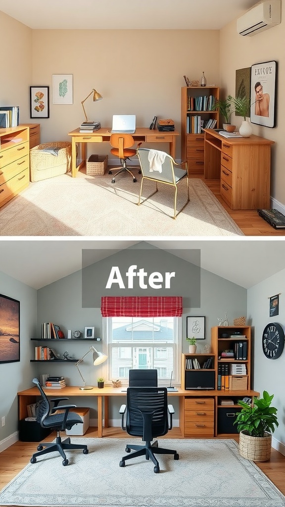 Before and after images of a renovated home office