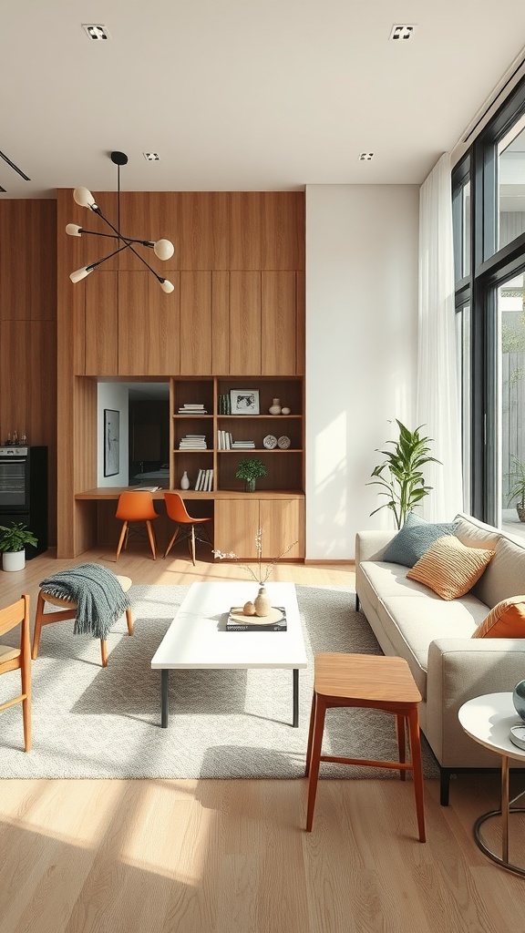 A modern living room featuring a stylish sofa, a coffee table, and a workspace with wooden accents.