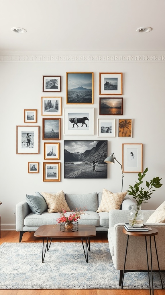 Living room with a gallery wall featuring various framed photos and artwork.