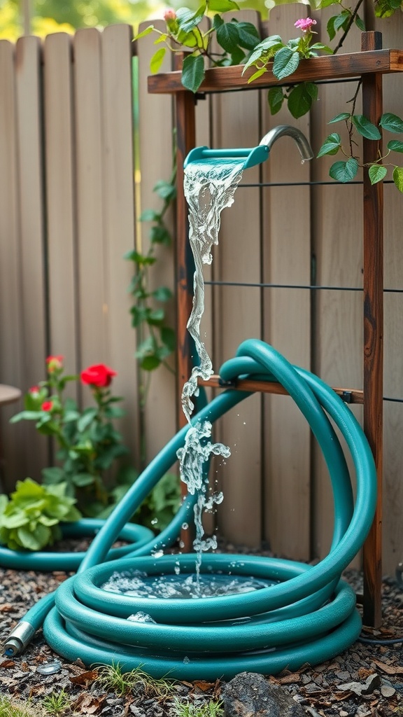 A creative garden hose water feature with water flowing from a coiled hose.