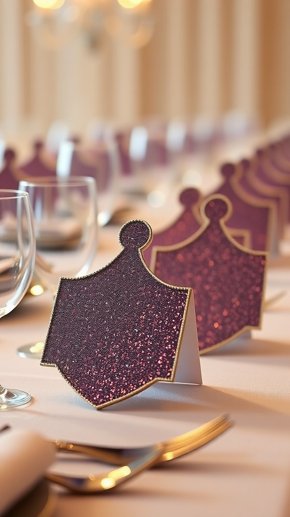 Glittery dreidel place cards on a festive table setting