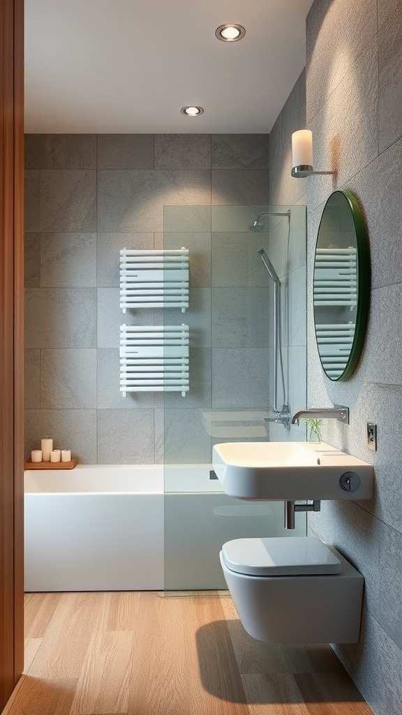 Modern bathroom featuring textured surfaces and a sleek design.