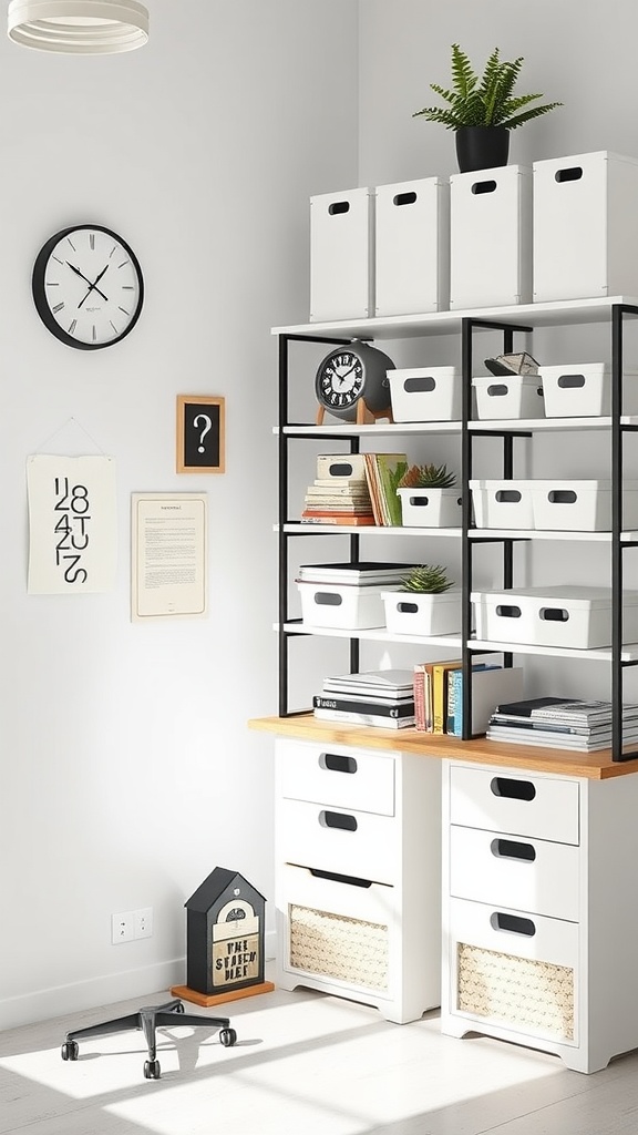 A neatly organized workspace with storage boxes and shelving.