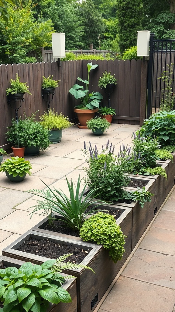 A well-arranged patio with various herb garden planters in different sizes.