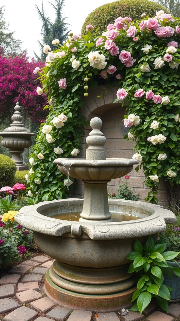 A stone fountain surrounded by ivy and colorful flowers in a garden