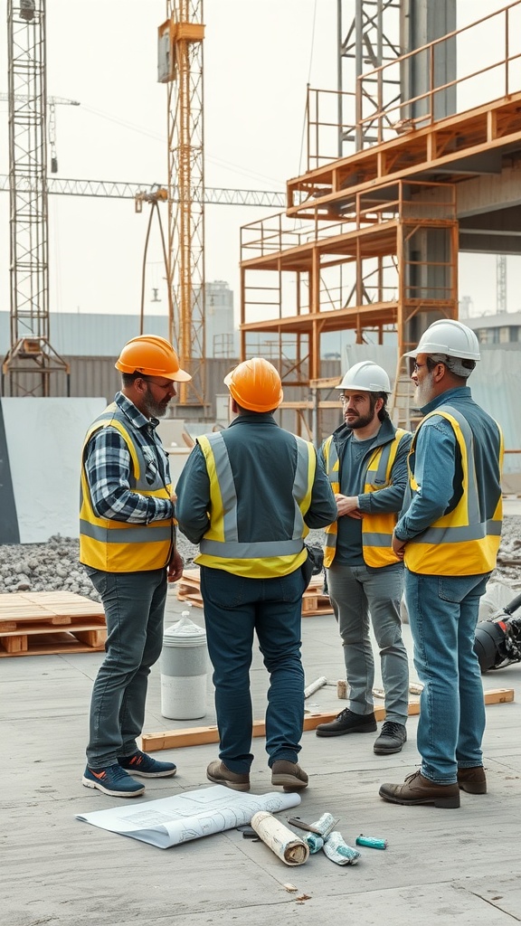 Construction workers discussing plans on-site