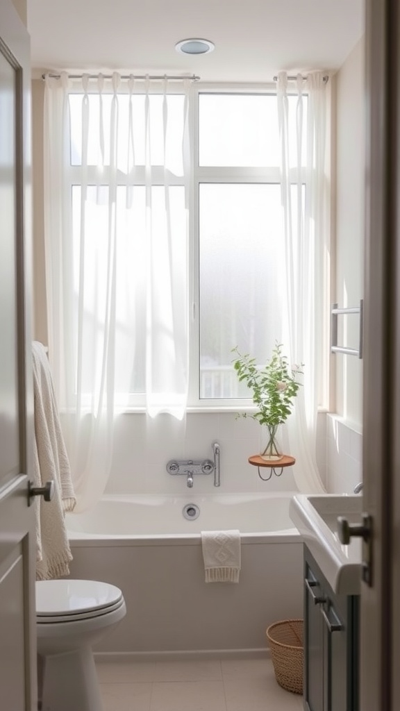 A bright bathroom with sheer curtains letting in natural light and a small plant on a wooden shelf.