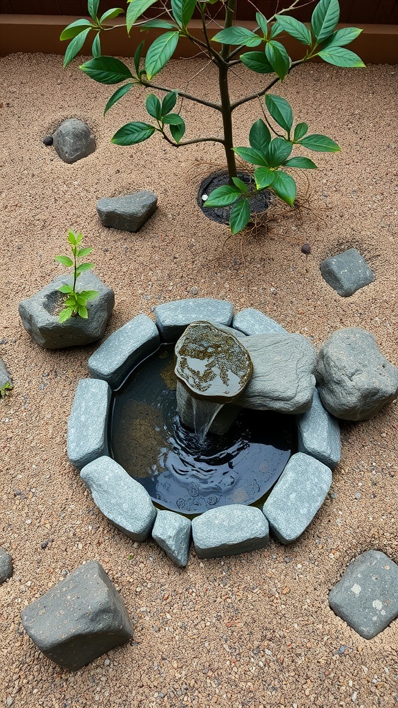 A mini Zen garden featuring a small fountain surrounded by stones and a plant.