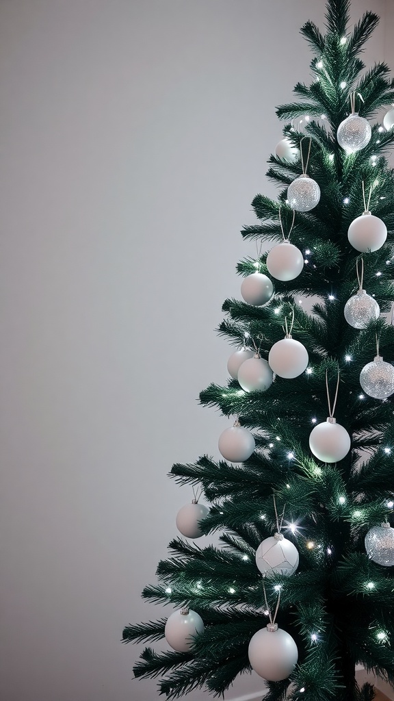 A minimalist Christmas tree adorned with white and silver ornaments, showcasing a modern design.