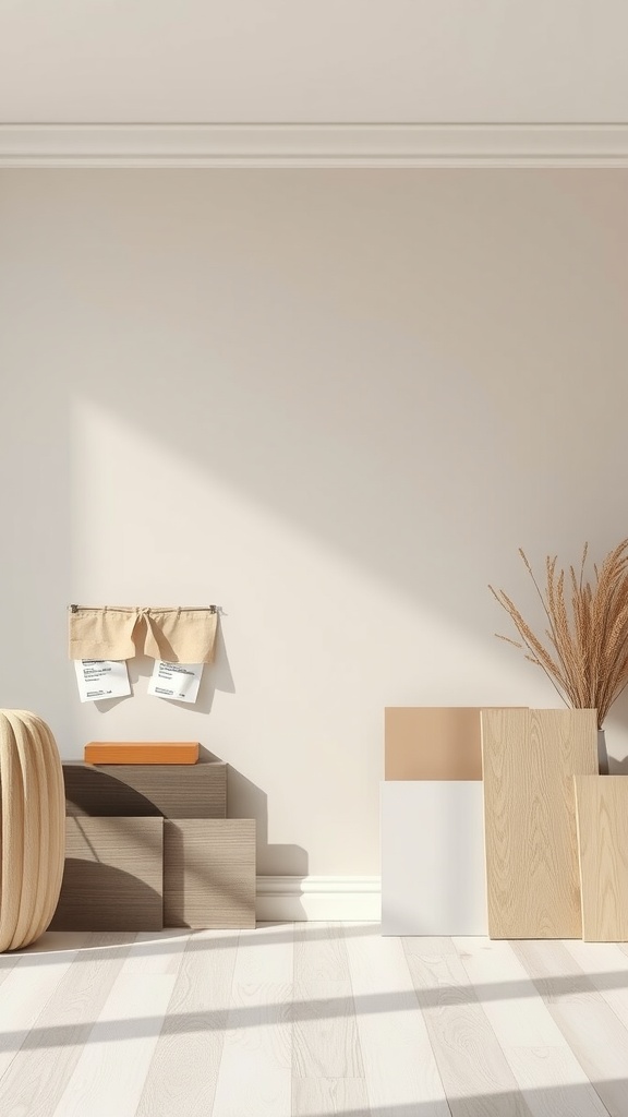 Interior design samples including wood, paint swatches, and decor items in a sunlit room.